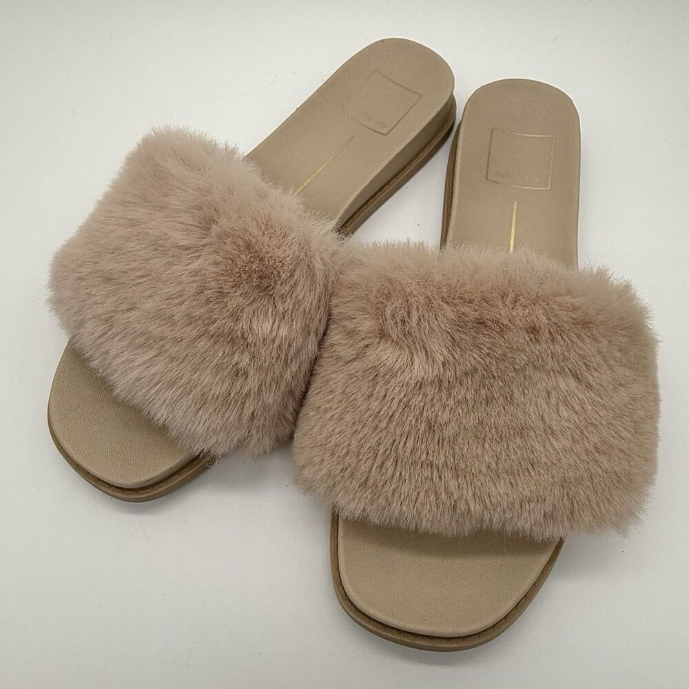 DOLCE VITA Slides Slippers Sandals Women's Sz 7.5 Beige Tan Faux Fur